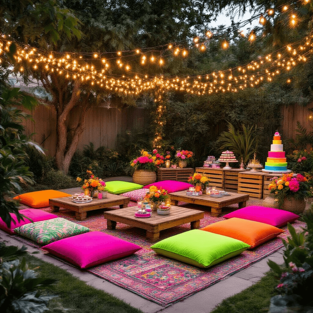 18th Birthday Bash: The Ultimate Guide to Throwing an Epic Celebration Overhead flat lay of a stylish backyard setup featuring low wooden tables with vibrant neon linens, plush Moroccan-style cushions, fairy lights overhead, DIY photo booth props, tropical florals, and colorful desserts including macarons and a rainbow layer cake, all bathed in soft evening light.