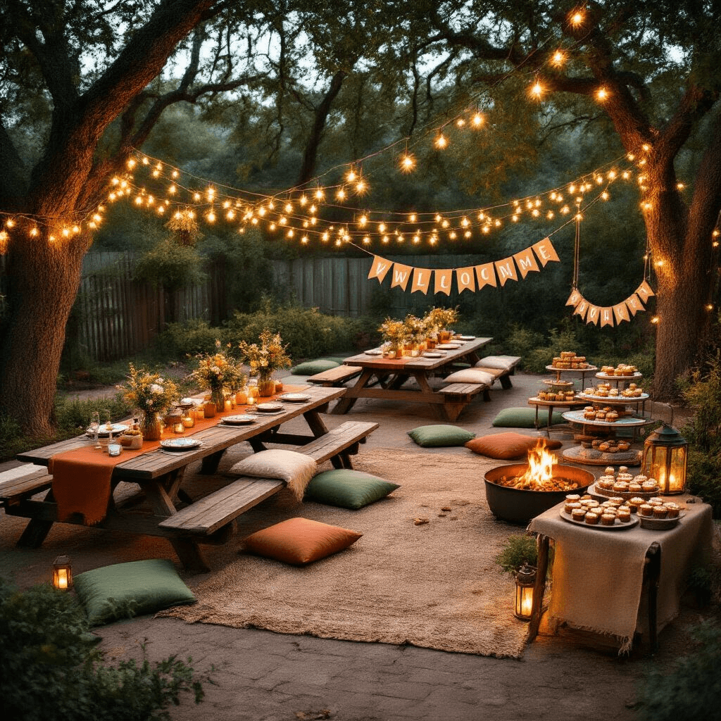 How to Throw the Ultimate Surprise Birthday Party: A Complete Guide to Stunning Celebrations A whimsical backyard bash with string lights overhead, rustic picnic tables adorned with terracotta and sage green runners, mason jar centerpieces of wildflowers, cushioned seating around fire pits, a dessert cart with cupcakes, and personalized banners hanging between oak trees.