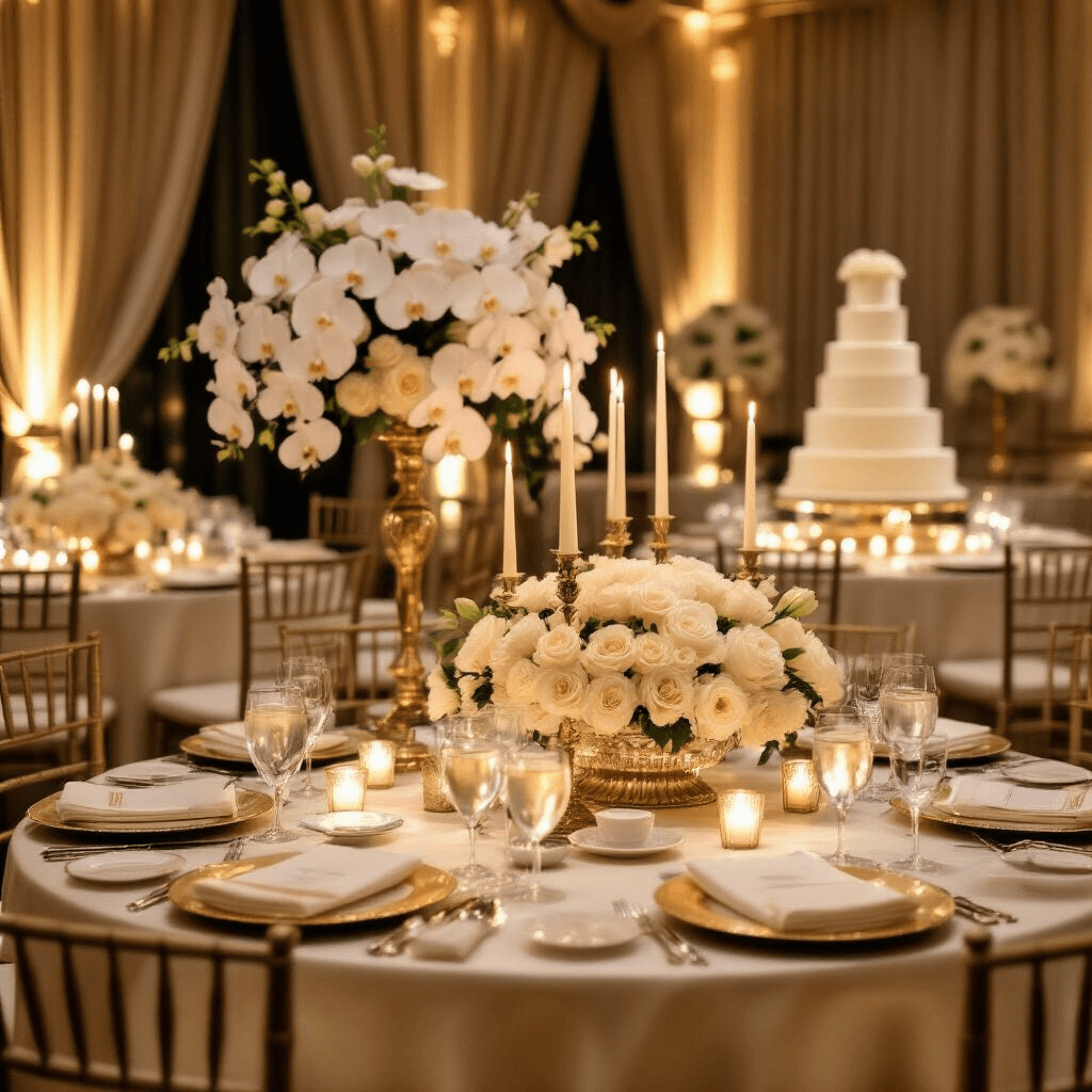 How to Throw the Ultimate Surprise Birthday Party: A Complete Guide to Stunning Celebrations Close-up of an elegant restaurant private room featuring round tables with ivory silk linens, gold charger plates, and crystal stemware, accented by taper candles in ornate candelabras, luxurious floral centerpieces, Chiavari chairs with champagne cushions, sheer gold drapery, and an impressive four-tier cake display on a marble pedestal.