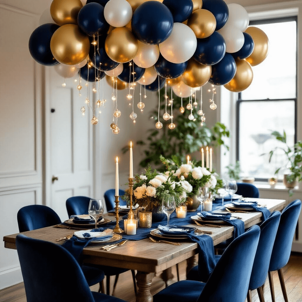 Elevate Your Event: The Ultimate Guide to Pearl Balloons - Shimmer, Style, and Sophistication An intimate dinner party scene featuring a long farmhouse table set with indigo linens, vintage china, and brass candleholders, surrounded by deep blue velvet chairs. A floating canopy of navy, gold, and white pearl balloons intertwined with fairy lights decorates the space, while lush greenery and white florals add to the decor. Candlelight casts a warm glow, enhancing the cozy atmosphere.