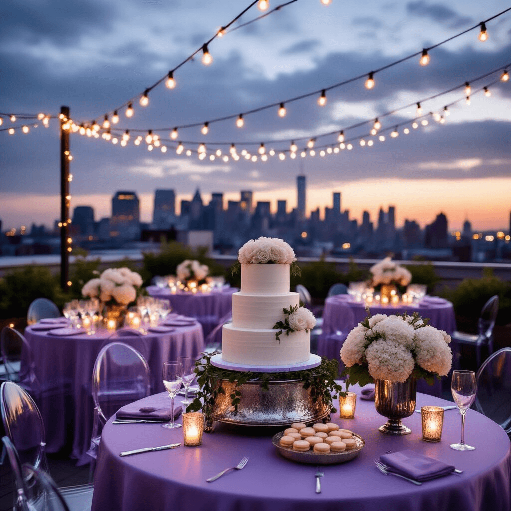 How to Throw the Ultimate Surprise Birthday Party: A Complete Guide to Stunning Celebrations A romantic rooftop terrace surprise party at twilight, featuring elegant cocktail tables with lavender silk linens, mercury glass centerpieces, and crystal ghost chairs. The scene is adorned with twinkling fairy lights and a sophisticated dessert station with a two-tier naked cake, champagne flutes, and macarons, all set against a dramatic urban skyline.