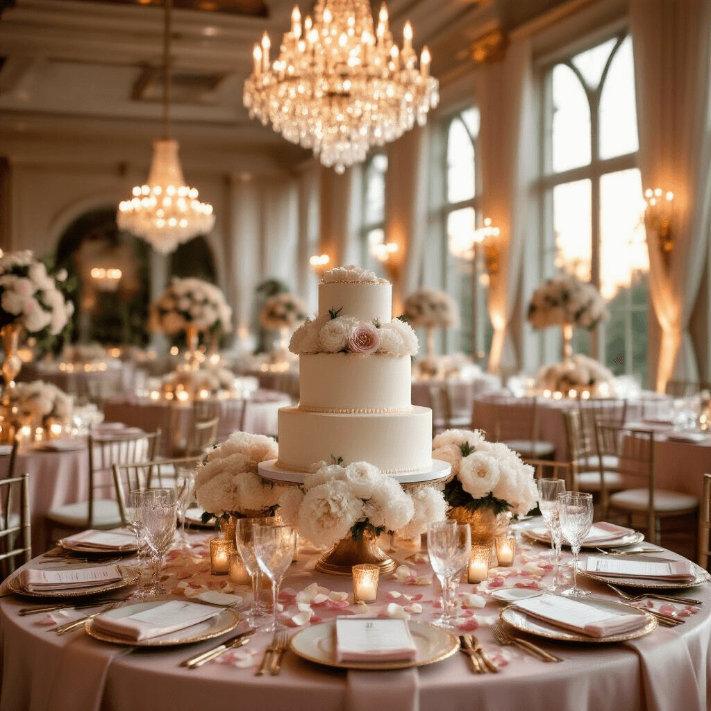 Create Stunning Birthday Party Invites in Minutes: A Complete Guide Elegant indoor ballroom adorned for a birthday celebration, featuring blush pink silk table linens, crystal chandeliers, floral centerpieces, fine china, and a stunning three-tier cake, all illuminated by warm golden hour light.