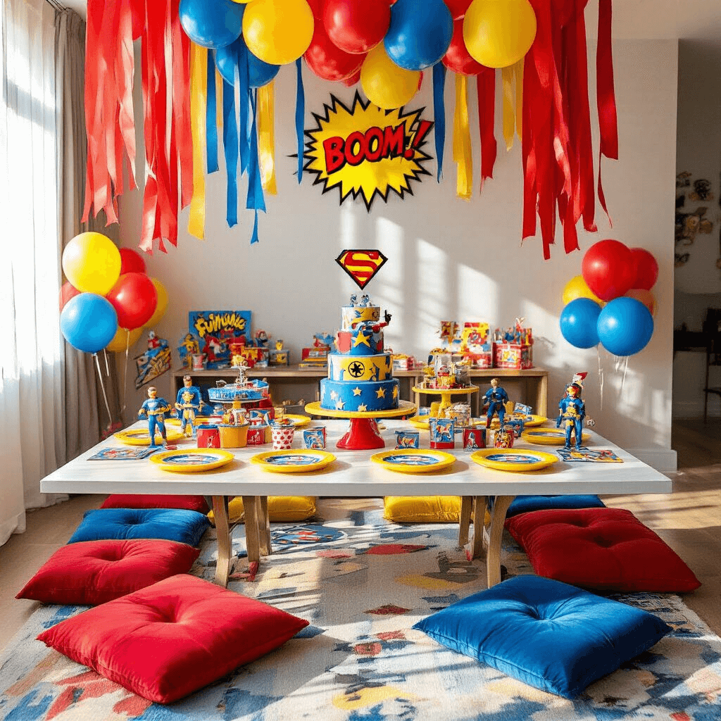 Create Stunning Birthday Party Invites in Minutes: A Complete Guide A vibrant overhead flat lay of a whimsical children's superhero birthday party setup featuring bold primary colors, superhero-themed tableware on yellow plates, comic book centerpieces, metallic balloons around a custom cake, DIY cape favors on clotheslines, pow and boom wall decals, and red velvet floor cushions.