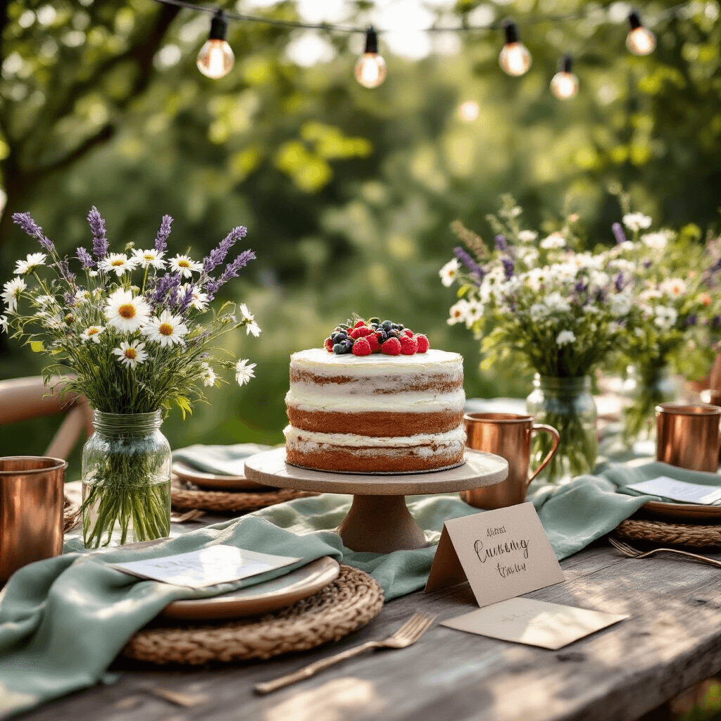 Create Stunning Birthday Party Invites in Minutes: A Complete Guide Close-up image of a rustic garden party table set with sage green linen runners, terracotta dishware, and wildflower centerpieces in mason jars, featuring a naked layer cake on a vintage wooden stand, all illuminated by soft morning light.