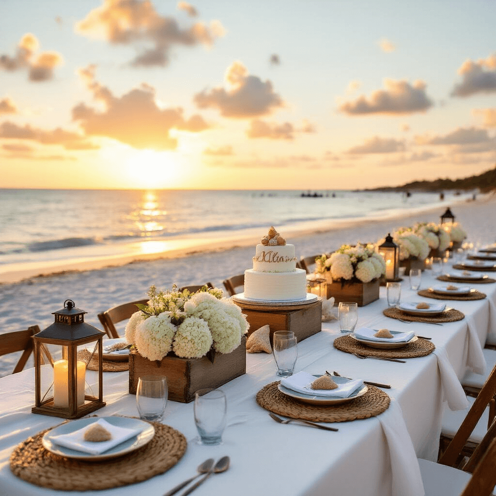 Create Stunning Birthday Party Invites in Minutes: A Complete Guide A scenic beachfront birthday celebration at golden hour with long tables on white sand, adorned with flowing linens, driftwood centerpieces, hurricane lanterns, and coastal-inspired table settings, featuring a beach-themed cake on a reclaimed wood platform.