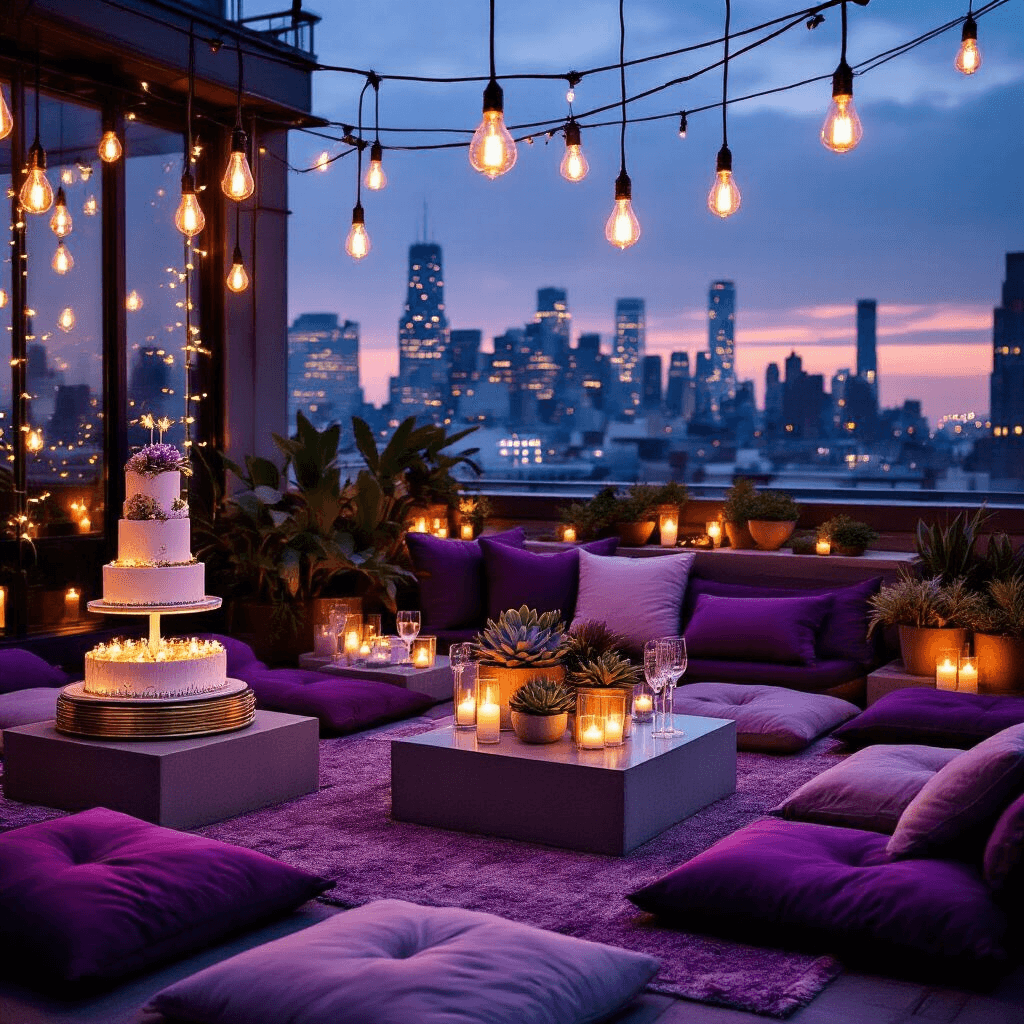 Create Stunning Birthday Party Invites in Minutes: A Complete Guide Moody rooftop terrace birthday party with fairy lights, candlelight, and city skyline. Intimate lounge setup with low modern tables, plush jewel-toned cushions, and lavender-silver decor. Warm Edison bulb lighting highlights succulent centerpieces and a contemporary tiered cake display on a lucite pedestal, complemented by personalized neon signage.
