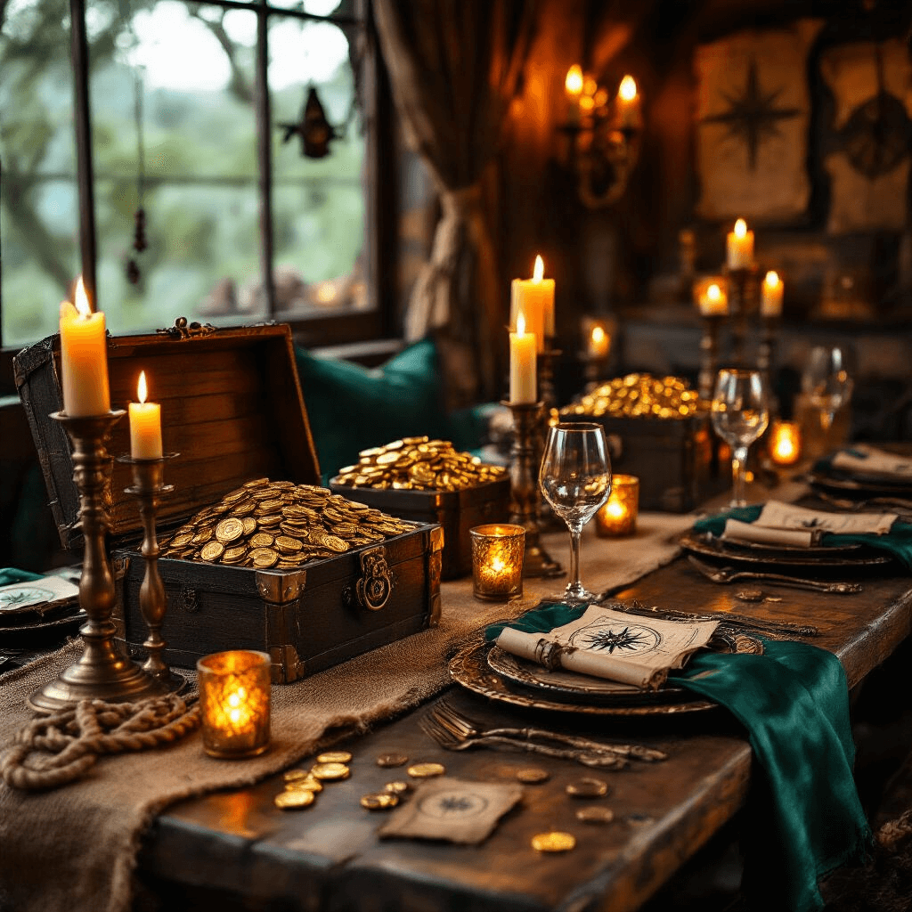Escape Room Birthday Party: The Ultimate Guide to an Unforgettable Celebration Close-up of an intimate pirate-themed dining nook featuring candlelit ambiance, rustic wood tables with burlap and emerald silk runners, antique treasure chests filled with chocolate gold coins, and elaborate place settings with pewter goblets and wooden chargers, all surrounded by layered textures of rope netting, aged maps, and leather decor in rich forest green and gold hues.