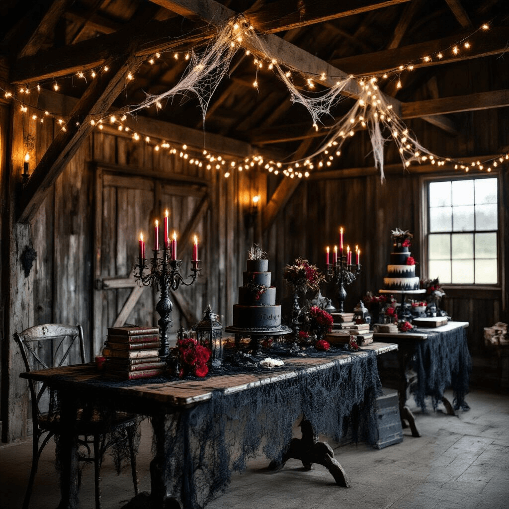 Escape Room Birthday Party: The Ultimate Guide to an Unforgettable Celebration A moody evening scene inside a rustic barn, transformed for a horror survival escape room birthday party, featuring eerie fairy lights, distressed farm tables with gothic candelabras, and a dramatic color palette of deep charcoal, blood red, and antique silver, alongside spooky decorations like artificial spider webs and a haunting tiered cake with dry ice effects.