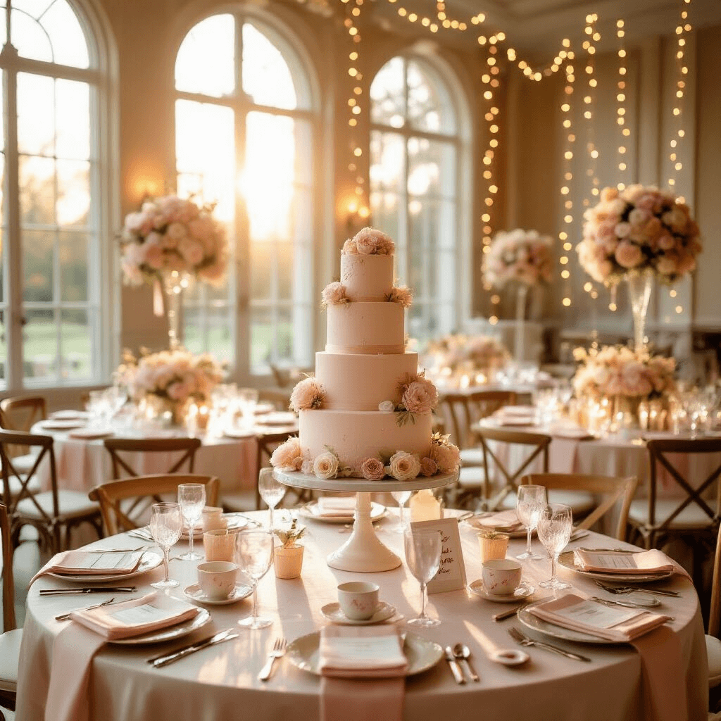 Ultimate Guide to Kids' Birthday Party Games: Fun, Laughter, and Memories Elegant indoor ballroom transformed for a children's birthday party, featuring soft sunlight, blush pink and cream table settings, whimsical floral centerpieces, a tiered birthday cake on a dessert cart, draped fairy lights, and personalized decor.