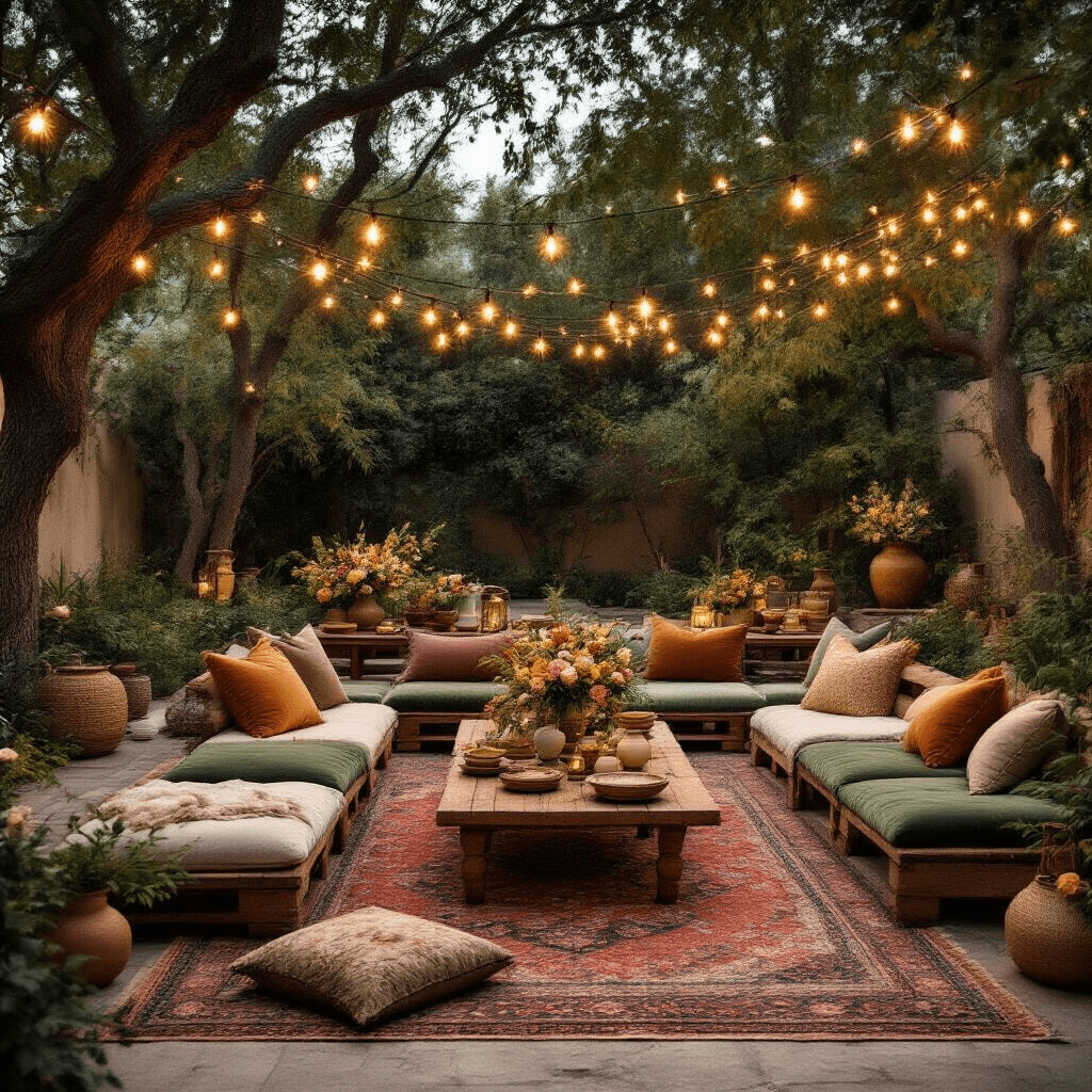 Ultimate Guide to Kids' Birthday Party Games: Fun, Laughter, and Memories Cinematic overhead shot of a cozy backyard setup with low wooden tables, plush velvet cushions on Persian rugs, string lights overhead, and fresh florals, featuring a treasure hunt with colorful props for a children's celebration.