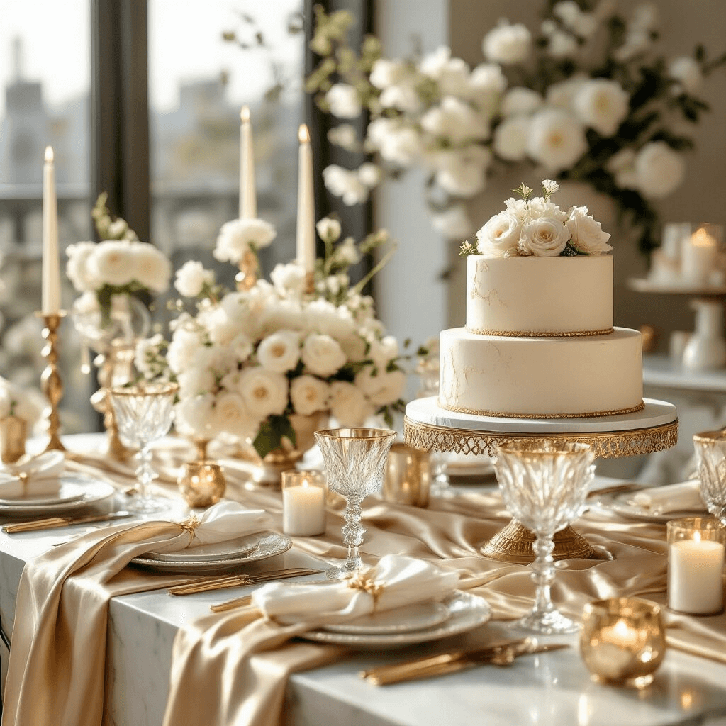 Ultimate Guide to Kids' Birthday Party Games: Fun, Laughter, and Memories Close-up of a luxurious dessert table in a modern apartment, featuring a multi-tiered birthday cake, crystal glassware, silk table runners, gold and ivory accents, fresh white florals, and elegant candle groupings, all bathed in soft morning light.