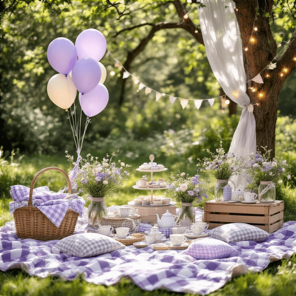 Ultimate Guide to Kids' Birthday Party Games: Fun, Laughter, and Memories Flat lay of a whimsical picnic setup in a sun-drenched garden featuring vintage quilts, checkered blankets, pastel balloons, ceramic tea sets, wildflower arrangements in mason jars, rustic wooden crates, and fluttering sheer fabric panels, all enhanced by fairy lights.