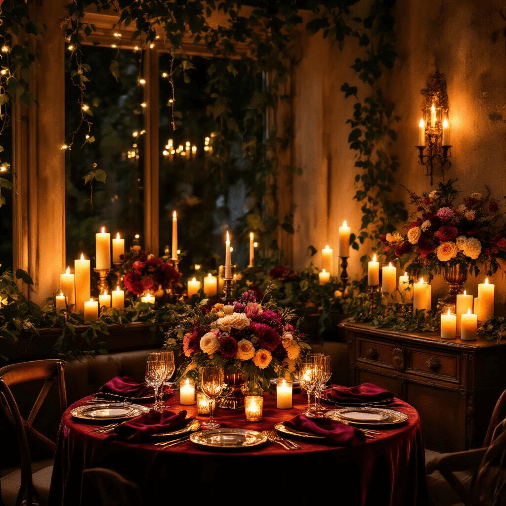 Ultimate Guide to Kids' Birthday Party Games: Fun, Laughter, and Memories An intimate dining nook for a birthday celebration, illuminated by warm amber candlelight, featuring velvet-draped round tables with jewel-toned floral centerpieces, gold-rimmed glassware, a stunning birthday cake on an antique sideboard adorned with ivy and candles, layered textures of silk napkins and ceramic plates, and subtle string lights enhancing the magical atmosphere.
