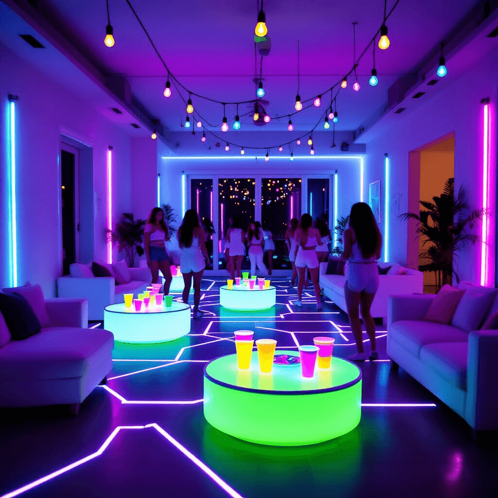 13th Birthday Bash: Epic Party Ideas That'll Make Teens Cheer! Wide-angle shot of a modern apartment living room transformed for a neon teen party, featuring blacklight LED strips, white furniture glowing in purple and blue, geometric glow-in-the-dark tape on the floor, and teens dancing in glowing attire against a backdrop of colorful lights.