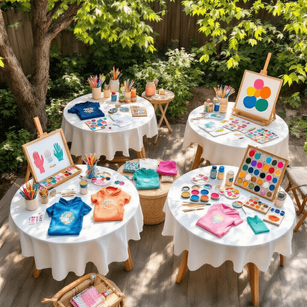 13th Birthday Bash: Epic Party Ideas That'll Make Teens Cheer! Overhead view of a stylish backyard DIY craft party, featuring round tables with white tablecloths organized with colorful craft supplies, including customizable hoodie kits, t-shirt design stations, friendship bracelet making materials, and canvas painting easels, all under soft afternoon sunlight filtering through trees.