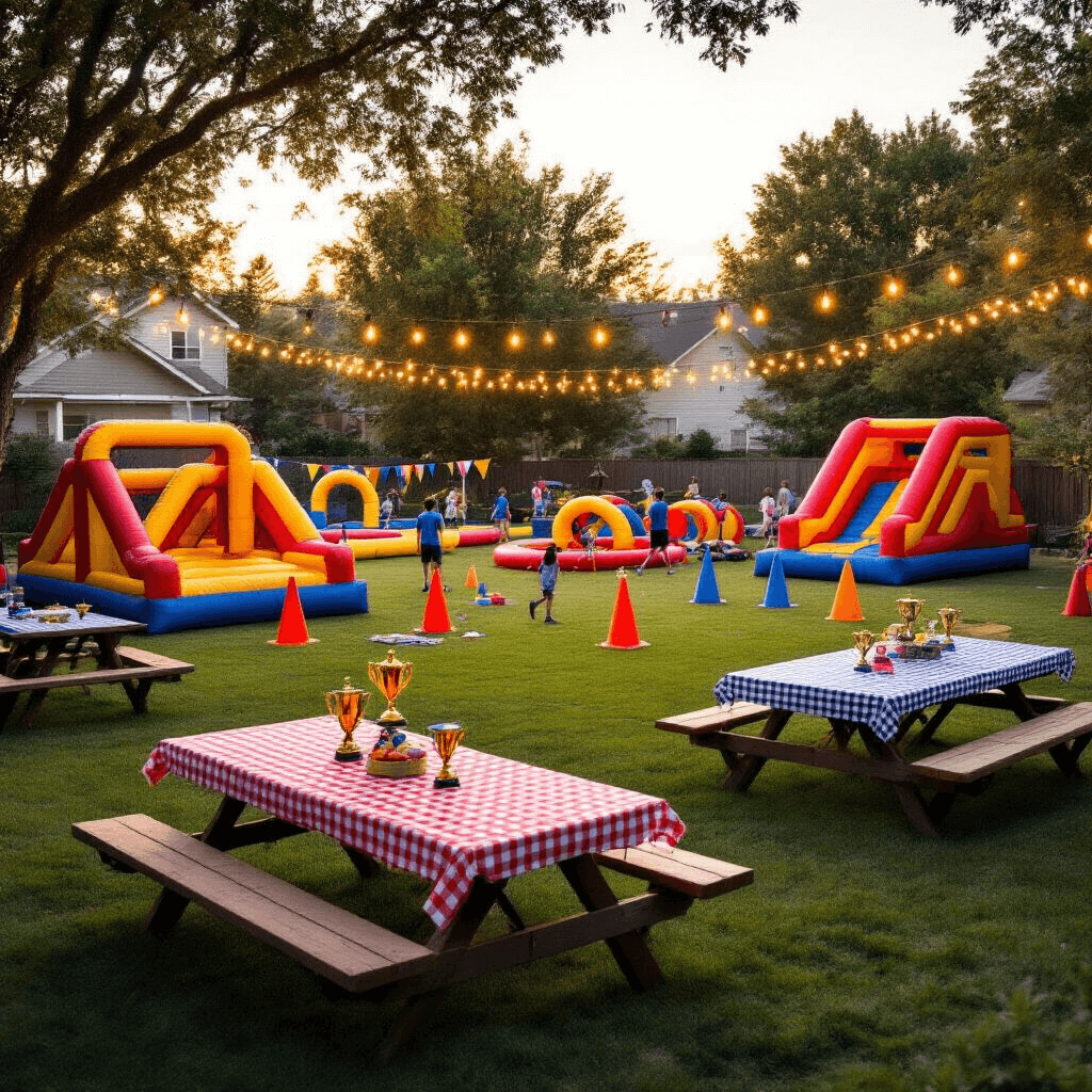 13th Birthday Bash: Epic Party Ideas That'll Make Teens Cheer! Cinematic wide-angle shot of a suburban backyard transformed into a vibrant adventure party zone with an inflatable obstacle course, mini-Olympics setup, and cheerful picnic tables, all illuminated by twinkling string lights during golden hour.