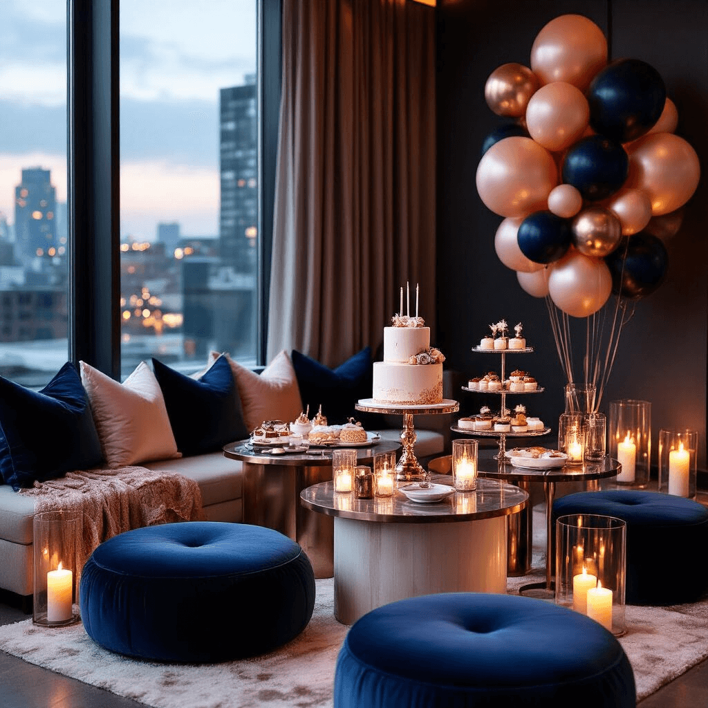 13th Birthday Bash: Epic Party Ideas That'll Make Teens Cheer! Moody candlelit scene of a stylish teen birthday party in a modern apartment, featuring low round tables with plush velvet cushions, elegant tiered cake stands, navy blue and rose gold decor, ambient string lights, and warm pillar candles, all styled for Instagram.