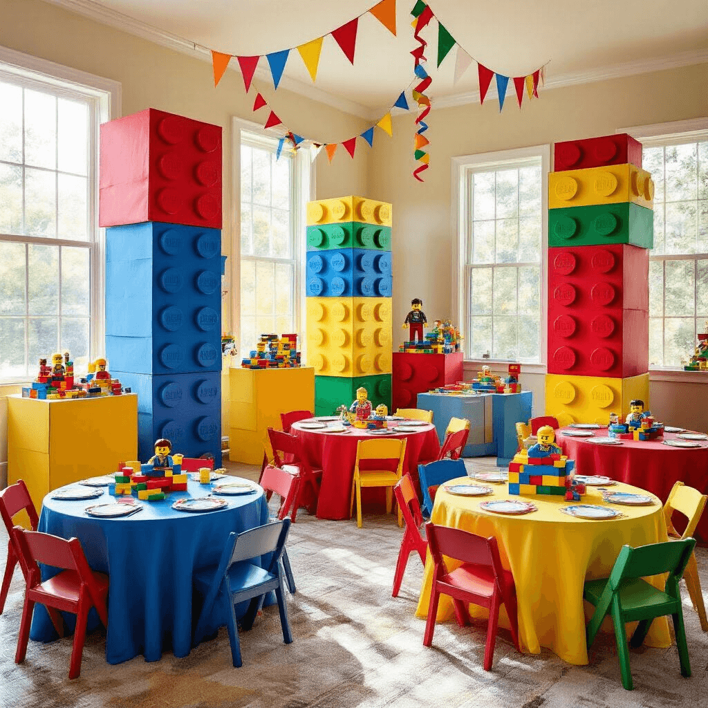 Ultimate LEGO Birthday Party Guide: Transform Your Celebration into a Brick-tastic Bash! Photorealistic wide-angle view of a vibrant indoor living room transformed into a LEGO wonderland, featuring towering cardboard LEGO brick decorations, colorful minifigure banners, festive tables with LEGO-themed centerpieces, and cheerful children's party chairs under warm afternoon sunlight.