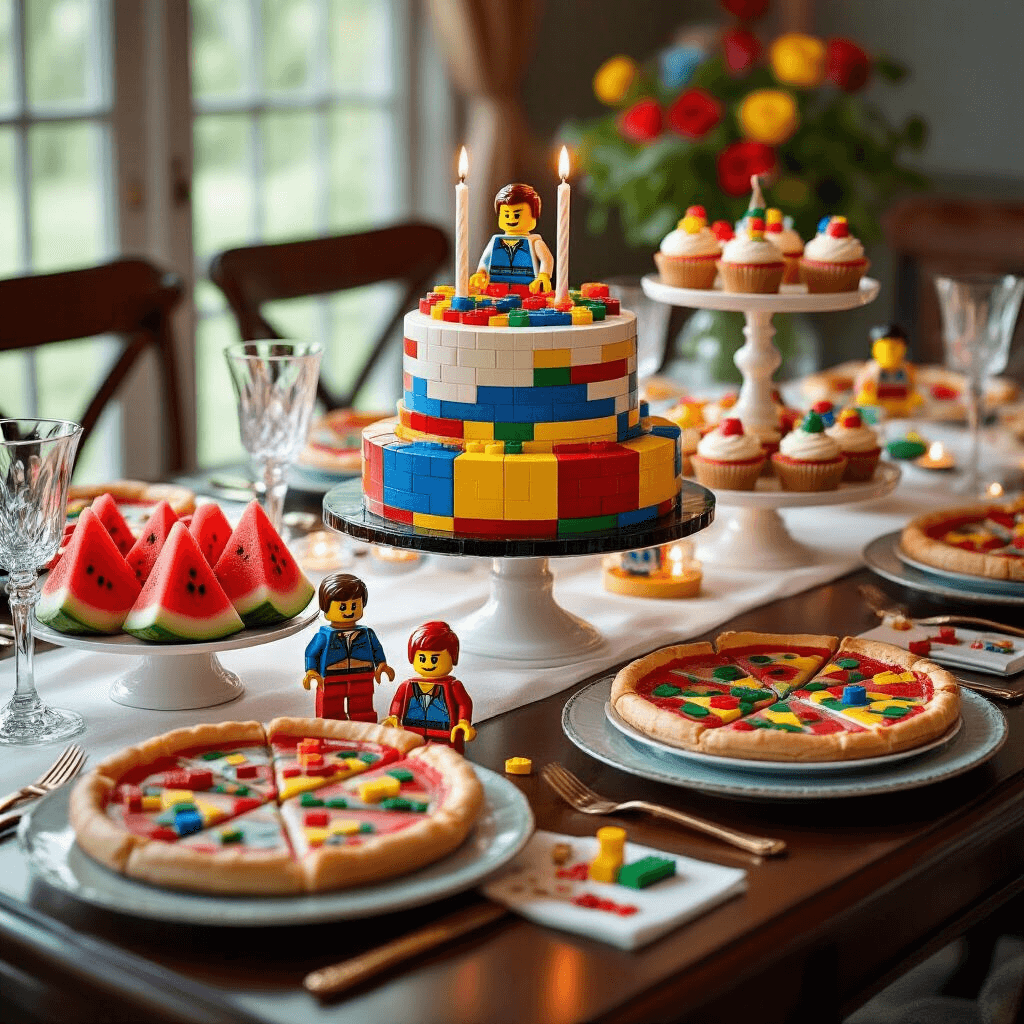Ultimate LEGO Birthday Party Guide: Transform Your Celebration into a Brick-tastic Bash! A beautifully styled LEGO-themed birthday party dining table features a stunning LEGO cake, watermelon cut into brick shapes, and pizza arranged in geometric patterns, with tiered stands displaying custom LEGO character cookies and colorful cupcakes. The table is adorned with bright primary colors, soft candlelight, silk linens, LEGO minifigure place cards, and elegant crystal glassware.