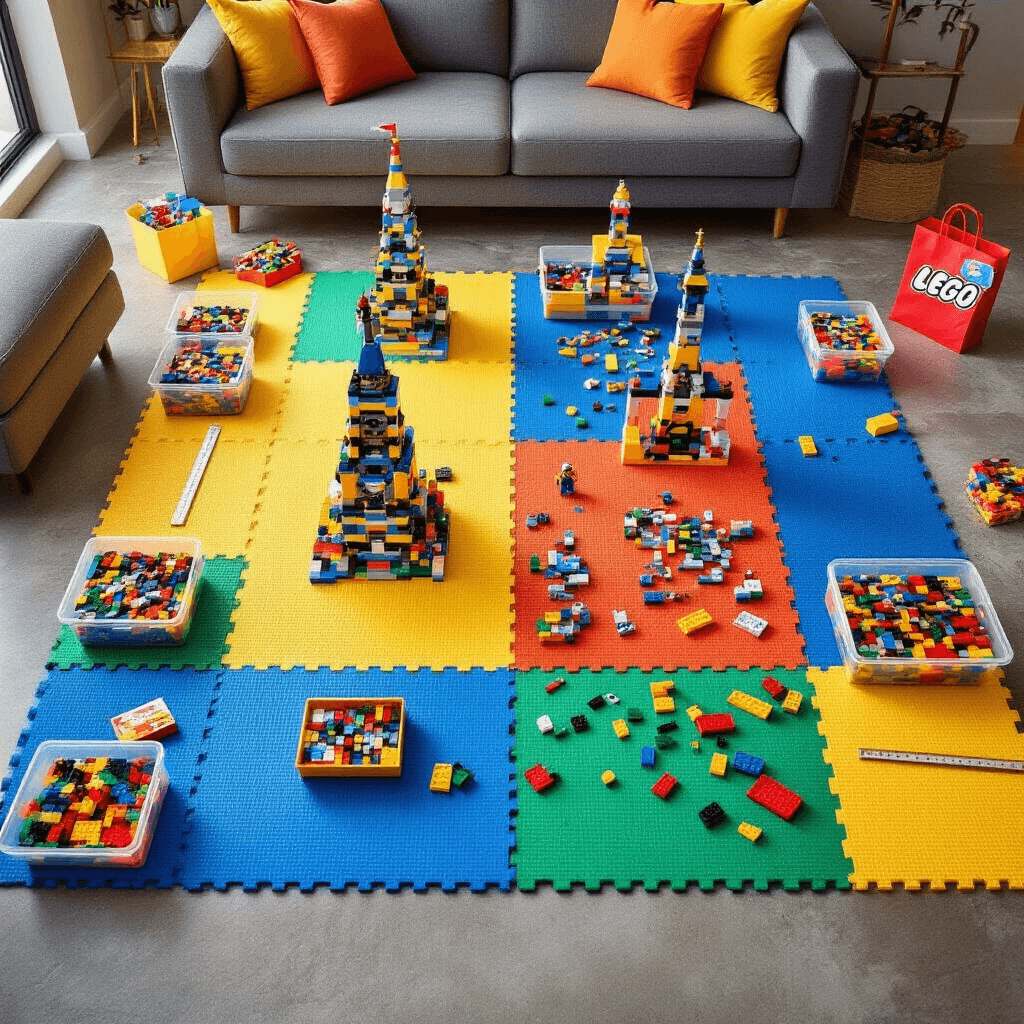 Ultimate LEGO Birthday Party Guide: Transform Your Celebration into a Brick-tastic Bash! Overhead view of a vibrant modern apartment living room, featuring colorful foam mats defining LEGO building zones, organized containers of sorted LEGO pieces, and half-completed constructions, all illuminated by bright task lighting, with party favor bags filled with LEGO keychains and stickers along the perimeter.