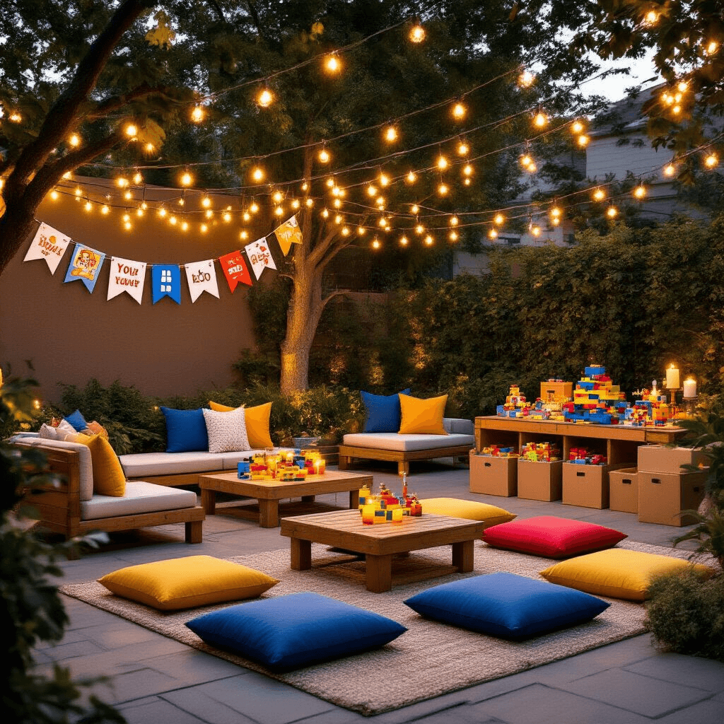 Ultimate LEGO Birthday Party Guide: Transform Your Celebration into a Brick-tastic Bash! A beautifully styled backyard patio transformed for a LEGO celebration, featuring string lights, sophisticated outdoor furniture, colorful floor cushions, DIY LEGO decorations, custom birthday banners, ambient candles, and elegant gift tables, all bathed in warm golden hour lighting.