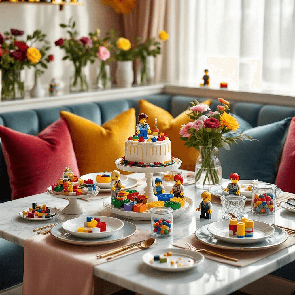 Ultimate LEGO Birthday Party Guide: Transform Your Celebration into a Brick-tastic Bash! Intimate dining nook featuring a LEGO-themed dessert cart with a Birthday Cake Kit, artisanal treats, bright velvet cushions, LEGO-brick-shaped vases with fresh flowers, custom party favors, silk table runners, personalized LEGO minifigure place settings, and premium ceramic plates, all illuminated by soft morning light.