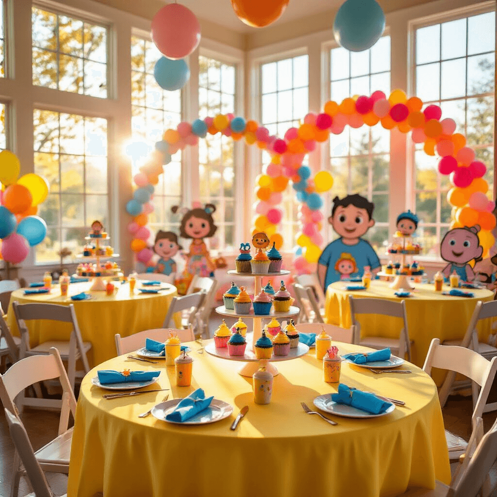 Cocomelon Birthday Party: The Ultimate Guide to Throwing a Magical Celebration for Little Ones Wide-angle view of a colorful indoor living room decorated for a Cocomelon birthday party, featuring yellow tablecloths, cupcakes with character toppers, balloon arches, and a whimsical photo booth, all bathed in soft morning light.