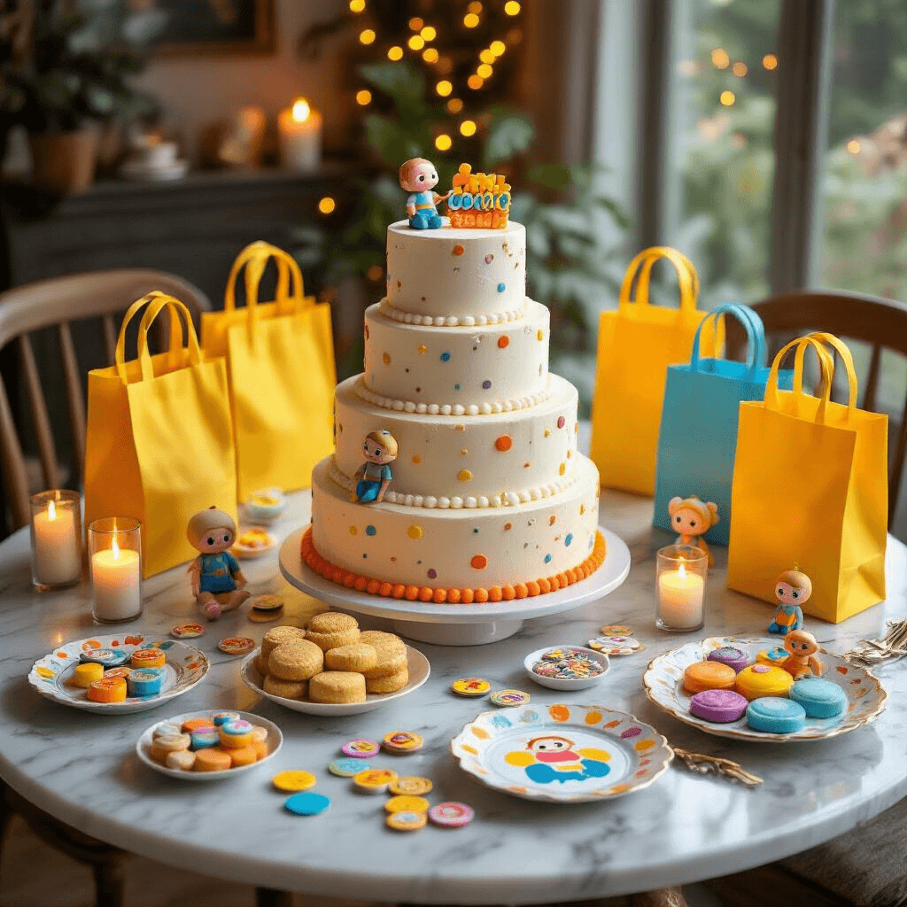 Cocomelon Birthday Party: The Ultimate Guide to Throwing a Magical Celebration for Little Ones Overhead view of a cozy dining nook featuring an elaborately styled Cocomelon cake table setup with a three-tier birthday cake, bright yellow goodie bags, colorful stickers, and character toys. The marble countertop is adorned with silk runners in orange and blue, glass platters of themed treats, and ceramic plates. Fairy lights provide a soft glow amidst personalized signage and custom favors, creating an enchanting childhood celebration atmosphere.