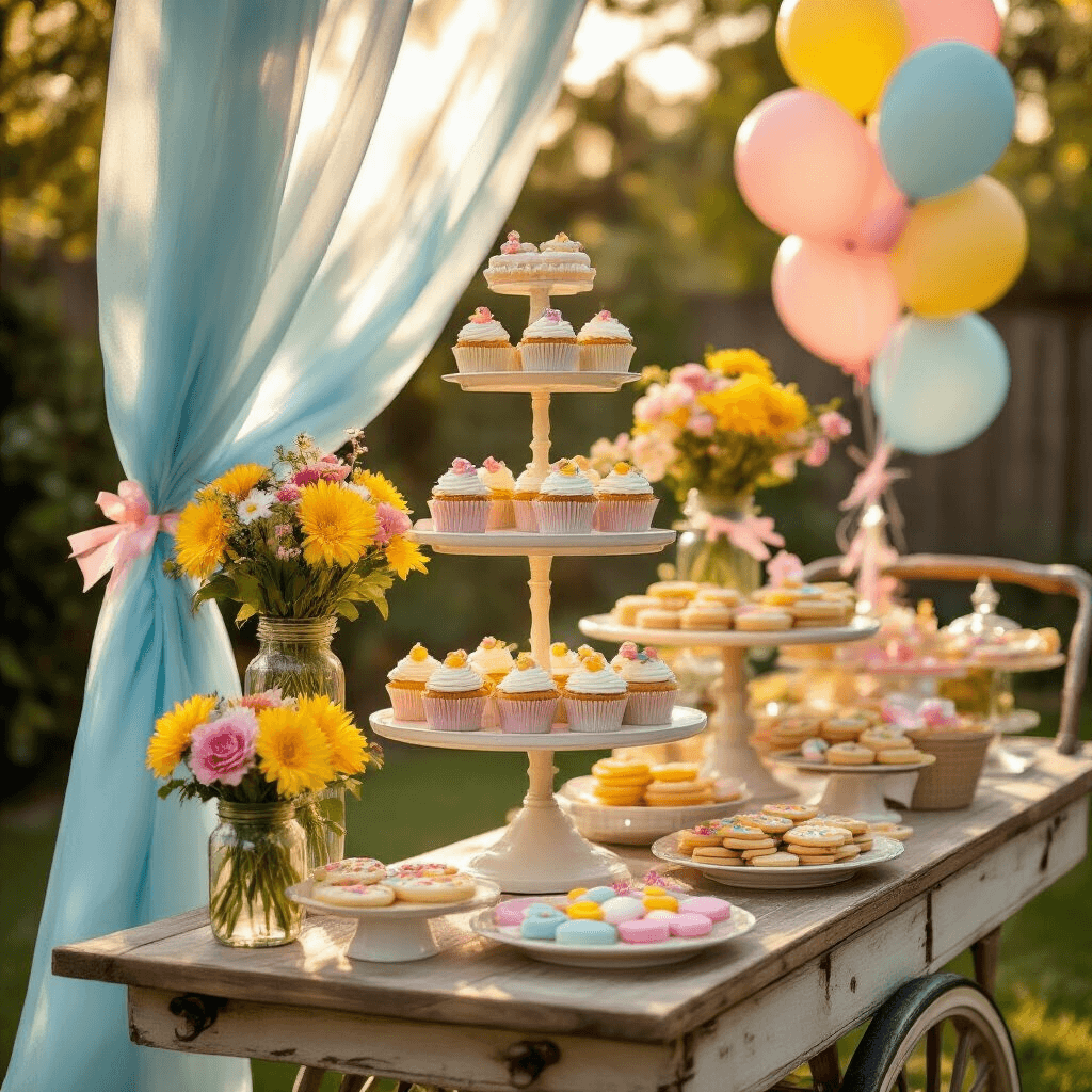 Cocomelon Birthday Party: The Ultimate Guide to Throwing a Magical Celebration for Little Ones Close-up of a whimsical Cocomelon-themed dessert cart in a stylish backyard, adorned with cupcakes and cookies, surrounded by fresh yellow and pink florals in mason jars, sheer blue drapery, and colorful balloons, all illuminated by warm golden hour light.