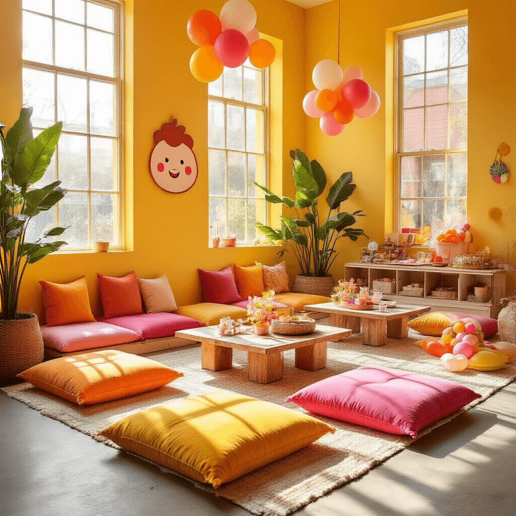 Cocomelon Birthday Party: The Ultimate Guide to Throwing a Magical Celebration for Little Ones Wide-angle shot of a colorful indoor party setup with low tables and floor cushions in sunshine yellow and vibrant orange, featuring Cocomelon character cutouts, velvet bubblegum pink cushions, rustic wooden trays, and a DIY craft station, all illuminated by midday sunlight creating a joyful atmosphere for toddlers.