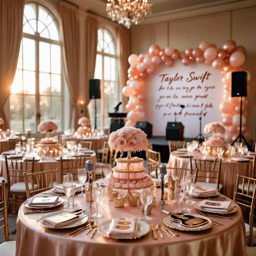 Ultimate Guide to Girl's Birthday Party Themes and Styling in 2025 Wide-angle shot of an elegant ballroom decorated for a Taylor Swift-themed birthday party, featuring shimmering rose gold table linens, blush pink peonies, a karaoke stage with handwritten song lyrics, and decorative guitar-shaped cookies. Soft golden light streams through tall windows, enhancing the dreamy atmosphere.