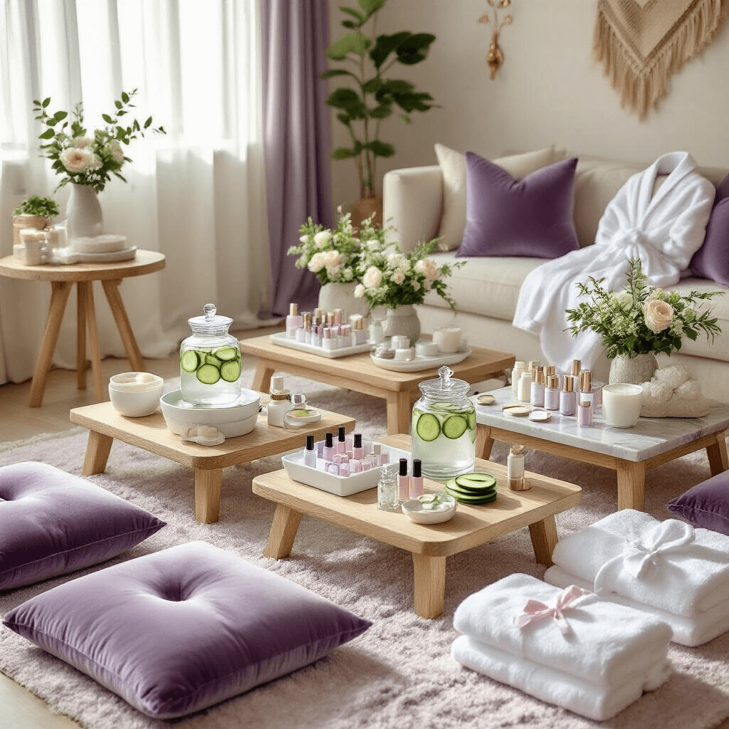 Ultimate Guide to Girl's Birthday Party Themes and Styling in 2025 Intimate overhead view of a luxurious DIY spa party setup in a cozy apartment, featuring plush velvet cushions, tiered glass stands with cucumber-infused water and pastel nail polishes, marble trays with face mask ingredients, vintage brass hooks with bathrobes, sheer lavender drapery, and wellness-inspired decor.