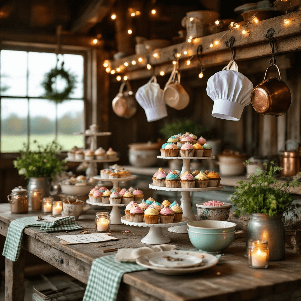 Ultimate Guide to Girl's Birthday Party Themes and Styling in 2025 A whimsical baking party scene in a rustic barn kitchen illuminated by candlelight, featuring a cupcake decorating station with vintage ceramic bowls, rainbow frosting options, and personalized chef hats. Warm fairy lights and a terracotta color palette enhance the cozy atmosphere, with fresh herbs, gingham table runners, and illuminated mason jars showcasing recipe cards and colorful sprinkles.