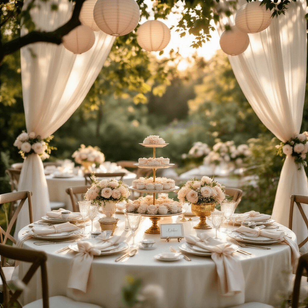 Ultimate Guide to Girl's Birthday Party Themes and Styling in 2025 Elegant outdoor garden tea party setup at golden hour, featuring round tables with ivory silk linens, floral centerpieces of blush roses in vintage gold bowls, fine china, crystal glassware, cloth napkins with silk ribbon, and a three-tiered birthday cake beneath a white canopy with paper lanterns and flower garlands, all in soft pastel colors.