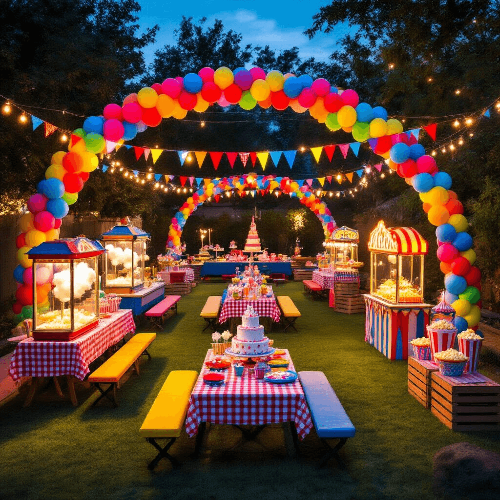 Ultimate Guide to Girl's Birthday Party Themes and Styling in 2025 Dramatic overhead view of a vibrant carnival-themed birthday party in a stylish backyard, featuring colorful activity stations, rainbow balloon garlands, string lights, picnic-style seating, an elaborate dessert cart, and festive bunting, all creating an energetic and whimsical atmosphere.