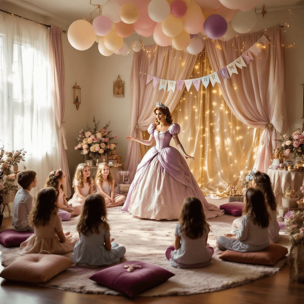 Epic Kids Birthday Party Entertainment: Your Ultimate Guide to Unforgettable Celebrations A whimsical indoor birthday party scene featuring a princess performer in a satin gown, surrounded by captivated children on plush velvet cushions, with golden sunlight streaming through sheer curtains and decorations of shimmering fabrics, pastel balloons, and floral arrangements.
