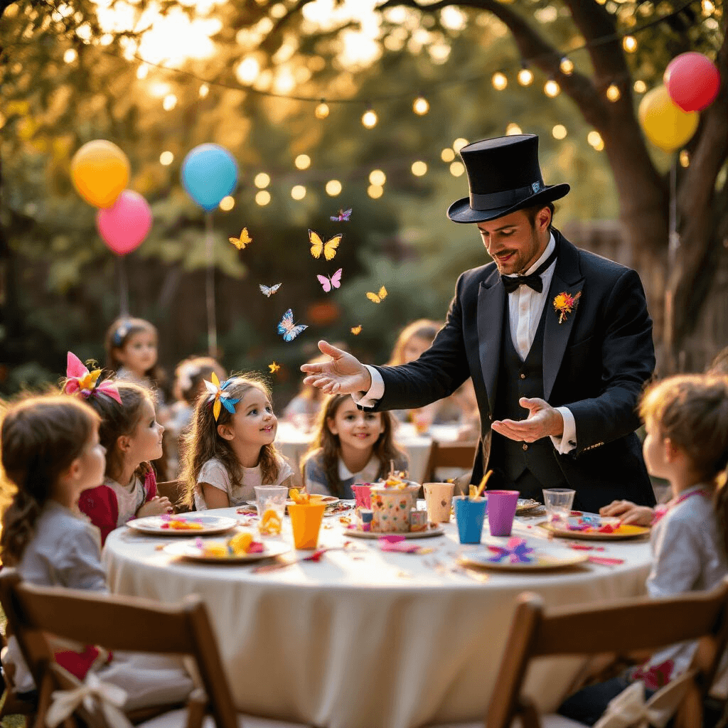 Epic Kids Birthday Party Entertainment: Your Ultimate Guide to Unforgettable Celebrations A professional magician performs enchanting tricks for captivated children at a backyard birthday party, surrounded by stylish decor and warm golden hour lighting, featuring colorful magic props and joyful balloon art.
