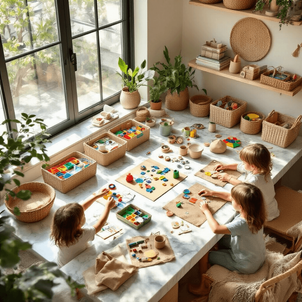 Epic Kids Birthday Party Entertainment: Your Ultimate Guide to Unforgettable Celebrations An overhead view of a vibrant game station in a modern apartment, featuring craft supplies in organized containers, scavenger hunt clues, and colorful obstacle course elements, with children's hands reaching for game pieces, all set in a terracotta and sage color palette with natural textures.