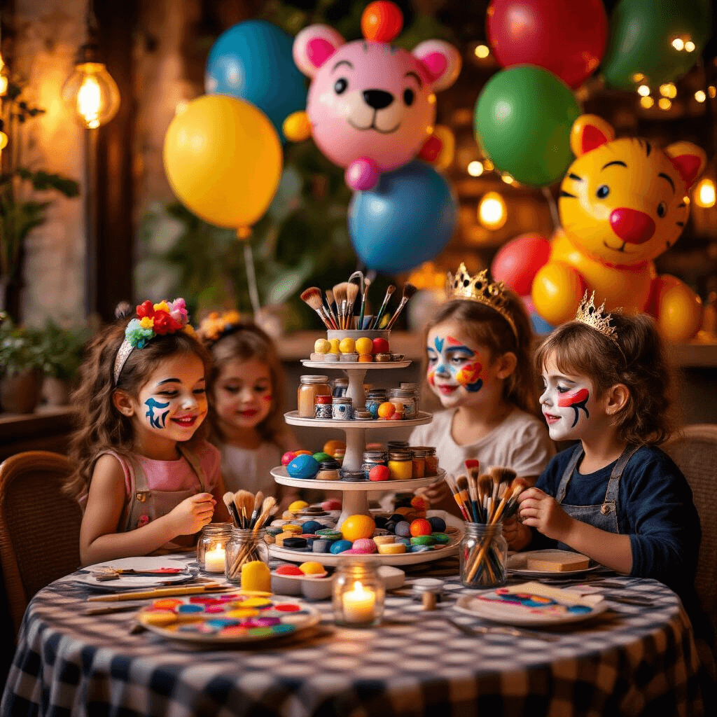 Epic Kids Birthday Party Entertainment: Your Ultimate Guide to Unforgettable Celebrations A cozy dining nook illuminated by soft candlelight, featuring face painting and balloon art stations with professional kits, whimsical balloon sculptures, round bistro tables with checkered linens, and children proudly displaying their painted faces as they reach for colorful creations.