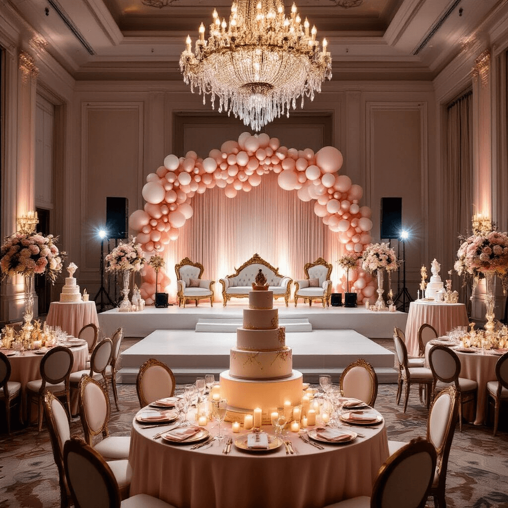 Epic Kids Birthday Party Entertainment: Your Ultimate Guide to Unforgettable Celebrations A luxurious indoor birthday celebration in an elegant ballroom, featuring a variety of entertainment zones including a magic show stage, character meet-and-greet area with ornate throne chairs, craft stations on marble tables, and a grand tiered birthday cake. The decor includes blush pink and cream colors with metallic gold accents, floral centerpieces, and cascading balloon installations, illuminated by crystal chandeliers and candlelight, with children in festive attire enjoying the festivities.