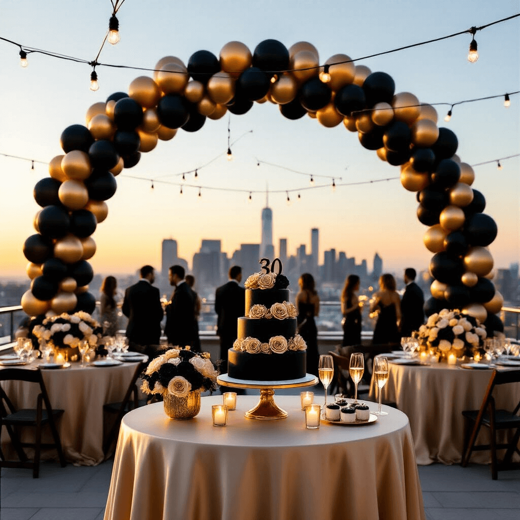Elevate Your 30th Birthday Bash: The Ultimate Guide to Stunning Balloon Decor A luxurious rooftop terrace at golden hour features a black, gold, and silver balloon arch framing a city skyline. Silk champagne-colored table linens, gold-dipped rose centerpieces, and a dessert cart with a tiered cake complement guests mingling with champagne flutes, casting dynamic shadows in the warm light.