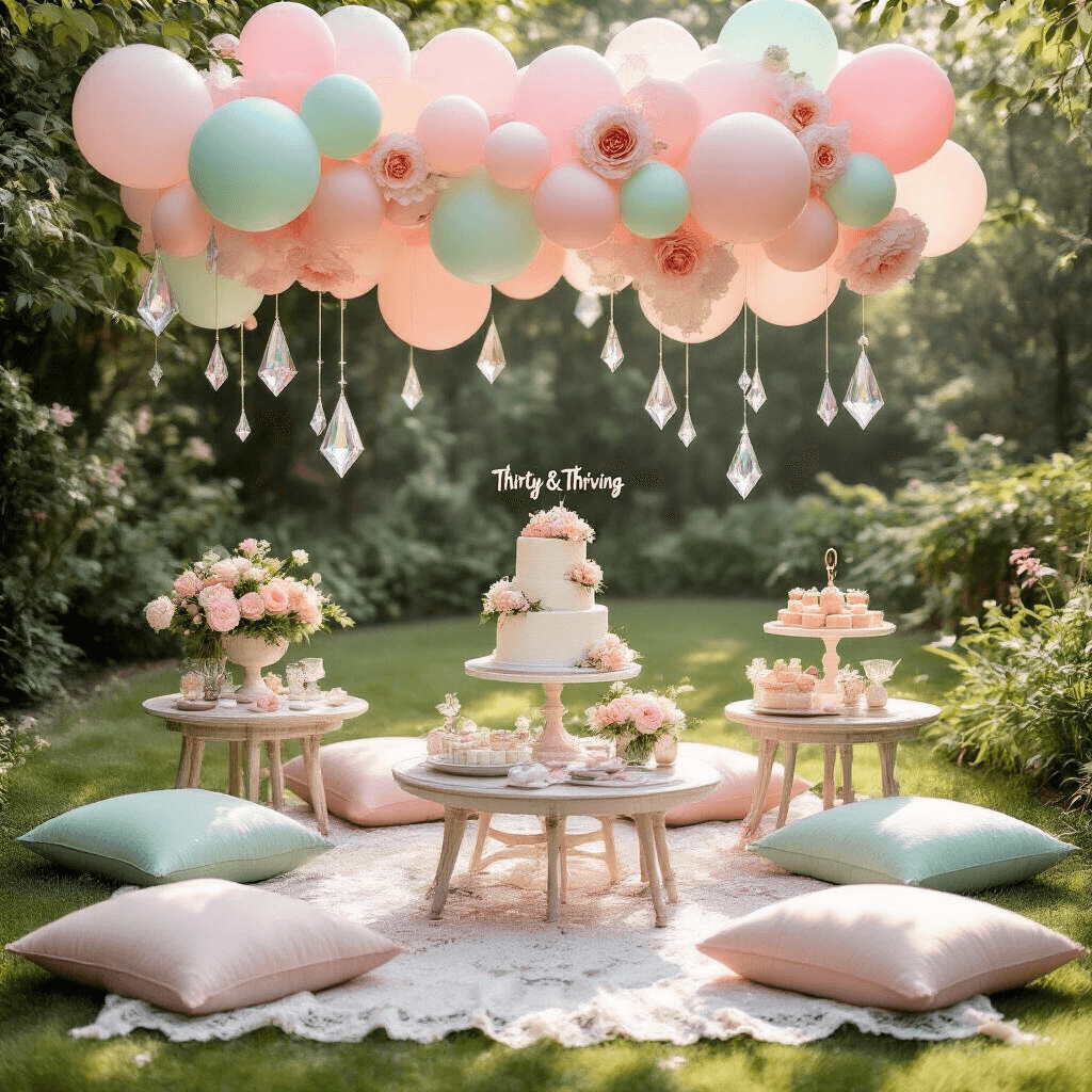 Elevate Your 30th Birthday Bash: The Ultimate Guide to Stunning Balloon Decor An intimate garden party scene with pastel balloon installation overhead, featuring blush pink and mint green balloons, delicate paper flowers, and crystal prisms. Low tables with vintage lace runners are surrounded by plush floor cushions. A dessert station displays a naked cake with fresh flowers and a 'Thirty & Thriving' topper, all viewed from above.