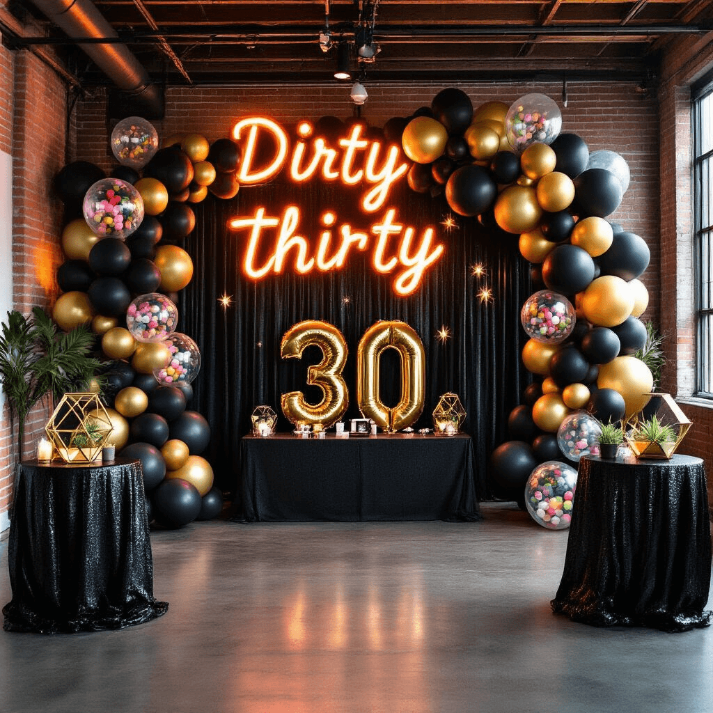 Elevate Your 30th Birthday Bash: The Ultimate Guide to Stunning Balloon Decor A modern loft space decorated for a 'Dirty Thirty' celebration, featuring neon signage, moody uplighting, a bold balloon installation in matte black, shiny gold, and clear confetti-filled balloons, high cocktail tables with sequined black tablecloths and gold geometric terrariums, and a DIY photo booth area with a balloon mosaic wall and giant mylar '30' numbers.