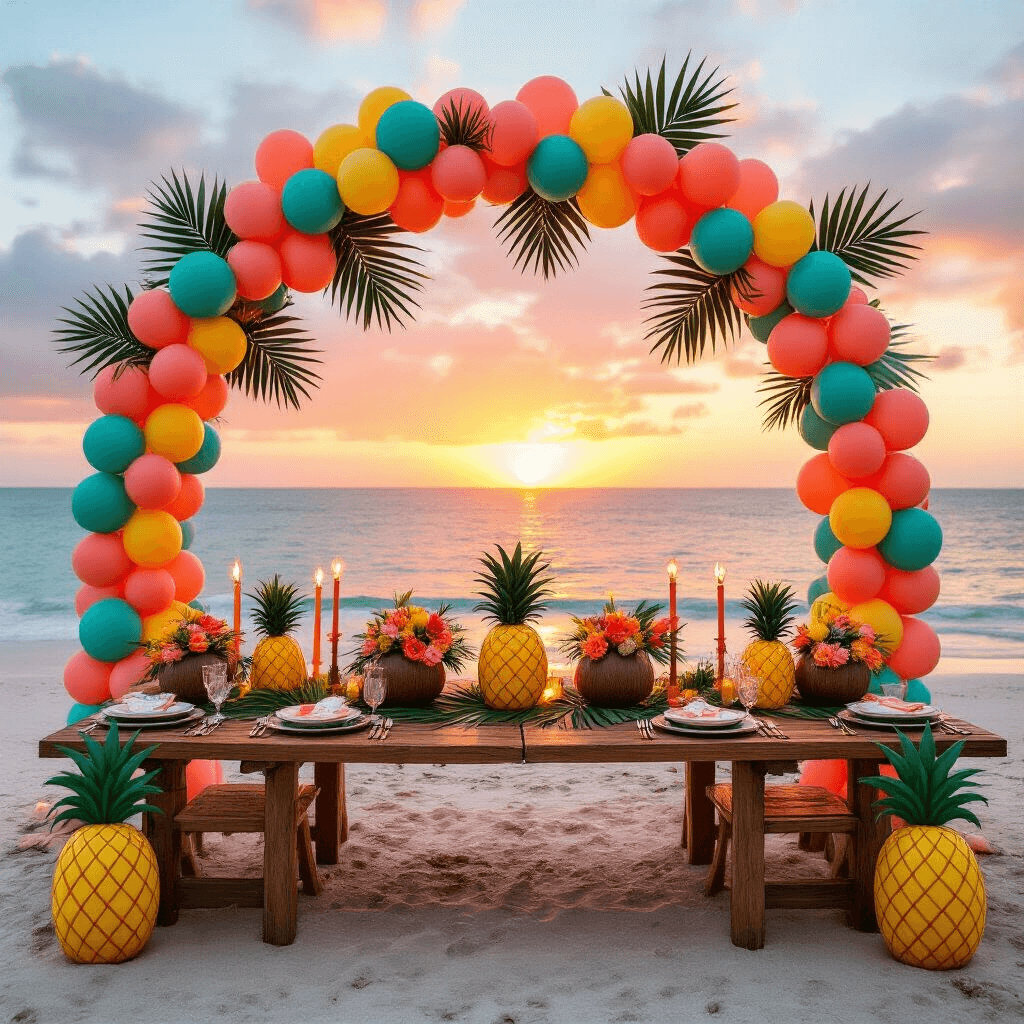 Elevate Your 30th Birthday Bash: The Ultimate Guide to Stunning Balloon Decor A tropical-themed 30th birthday beachfront setup at sunset, featuring a coral, teal, and yellow balloon arch, oversized paper palm leaves, and pineapple mylar balloons, with wooden farm tables adorned with palm frond runners, floral centerpieces in coconut shells, and personalized coconut place cards, illuminated by tiki torches and Edison bulbs against a vibrant pink and orange sky.