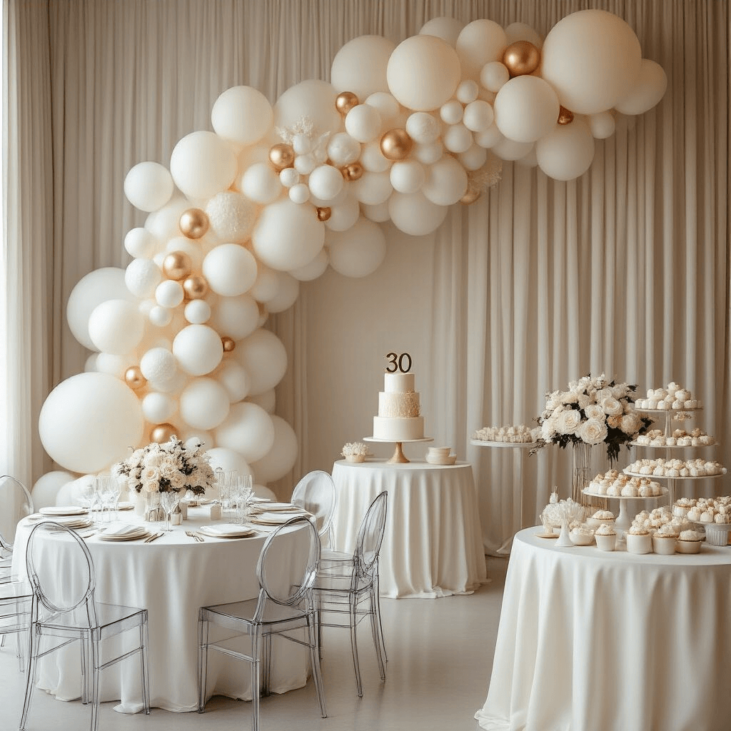 Elevate Your 30th Birthday Bash: The Ultimate Guide to Stunning Balloon Decor Elegant ballroom setting for a minimalist chic 30th soirée, featuring a monochromatic balloon installation, sheer drapery, round tables with white linens and ghost chairs, tall glass vases with single flowers, and a dessert table with white treats and a marble-effect cake with a rose gold '30' topper.