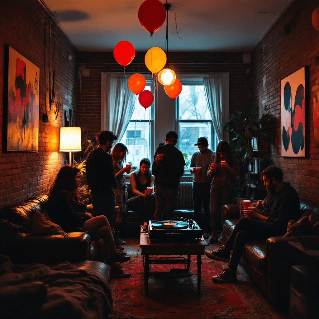 House of Balloons: The Mixtape That Transformed R&B Forever A cozy house party in Parkdale, Toronto, featuring softly lit modern decor, vintage record player, guests with red cups, and a backdrop of exposed brick and abstract art.