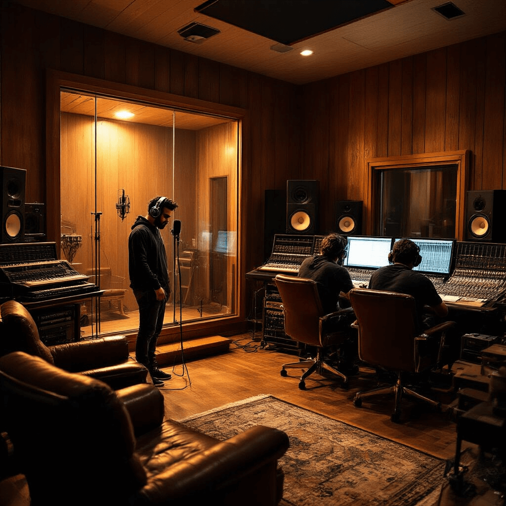 House of Balloons: The Mixtape That Transformed R&B Forever High-end recording studio with vintage and modern equipment, The Weeknd in vocal booth with headphones, producers at mixing board, warm golden hour light illuminating wood-paneled walls.