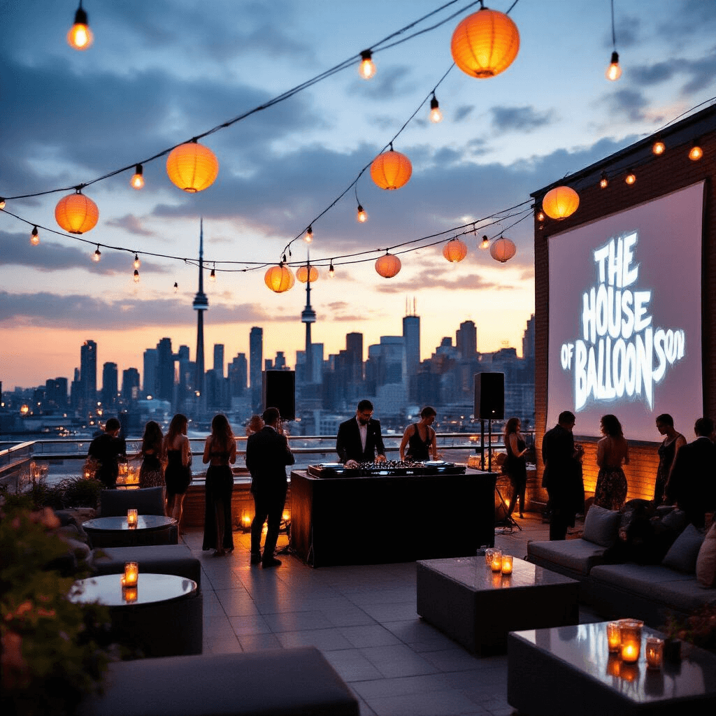 House of Balloons: The Mixtape That Transformed R&B Forever A stylish rooftop terrace album release celebration in Toronto, adorned with string lights and paper lanterns. Guests in chic dark attire mingle and dance near a DJ booth, while a large projection of 'House of Balloons' artwork illuminates one wall, all set against a stunning sunset skyline.