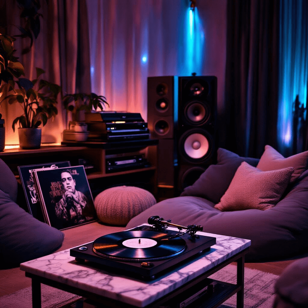 House of Balloons: The Mixtape That Transformed R&B Forever A cozy, dimly lit room featuring a high-end turntable on a marble console, powerful speakers, limited edition vinyl, and Daniel Arsham merchandise, with plush bean bags and ambient LED lighting, focusing on the needle dropping onto the vinyl.