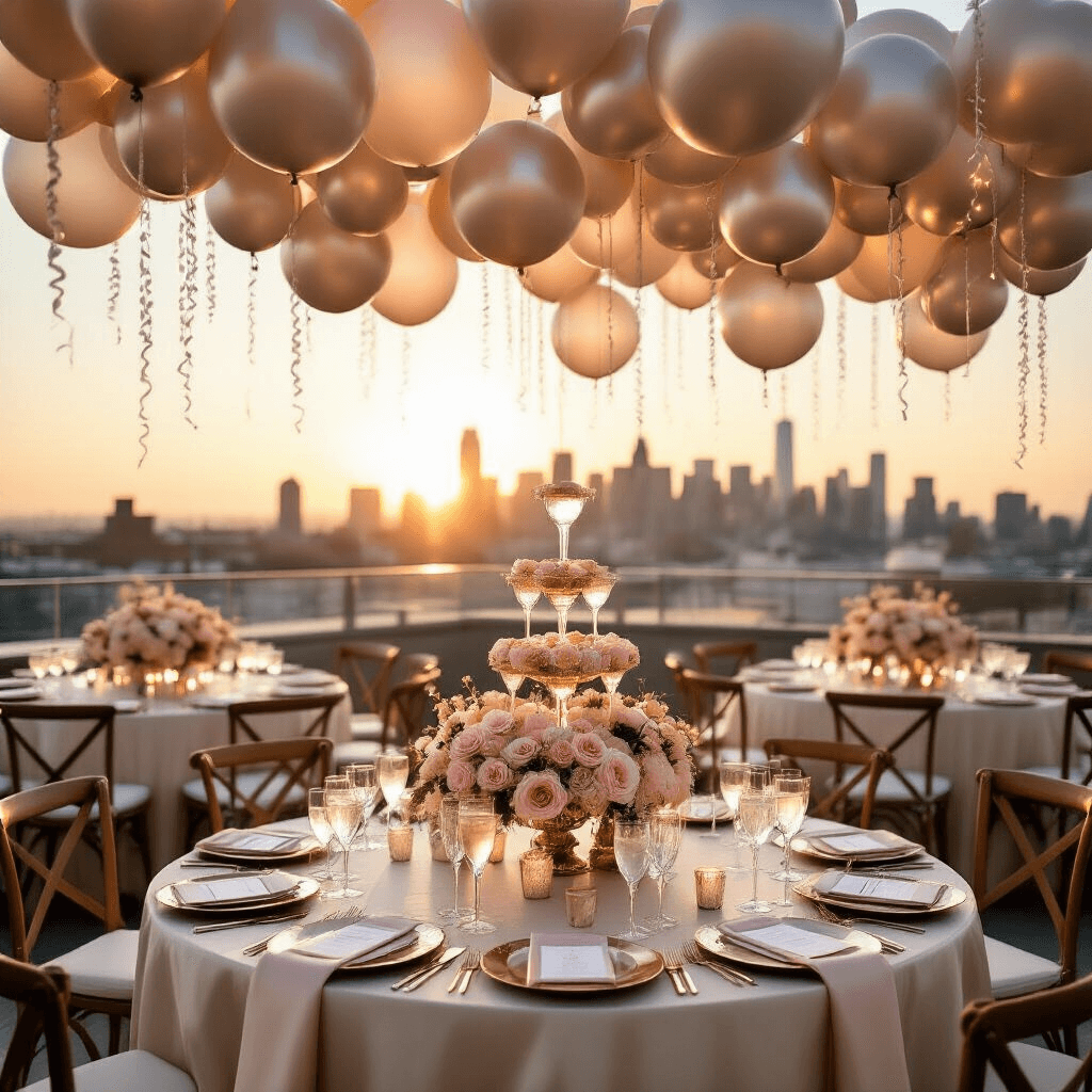Dazzling Silver Balloons: The Ultimate Guide to Glamorous Event Decor A luxurious rooftop terrace at golden hour with silver balloon garlands, silk ivory table linens, blush pink florals in crystal vases, twinkling fairy lights, a city skyline backdrop, and a central champagne tower surrounded by elegant gold-rimmed glassware and marble name cards, all illuminated by warm sunlight.